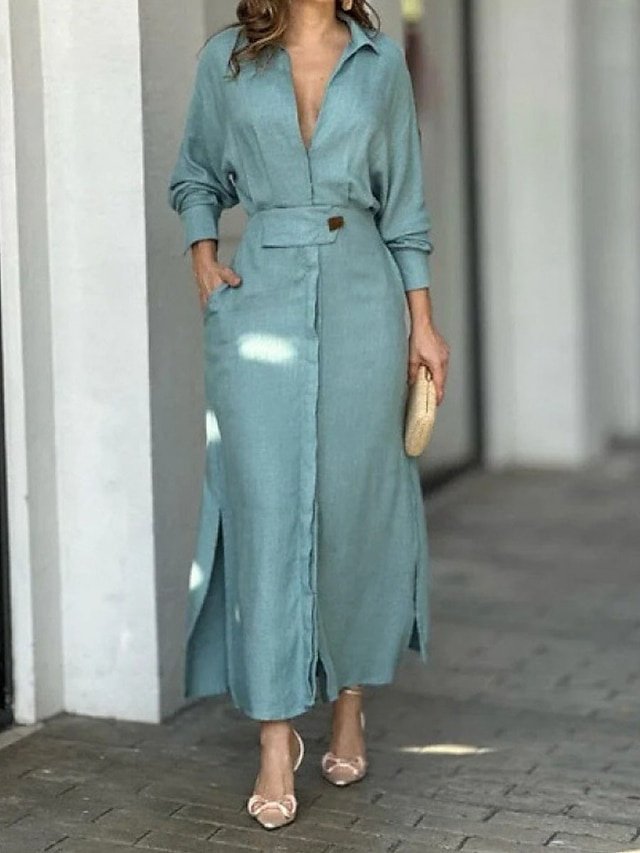 Fashion Loose Colour Block Shirt Collar Long Sleeve Maxi Dress - Image 2