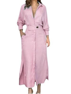 Fashion Loose Colour Block Shirt Collar Long Sleeve Maxi Dress - Image 3