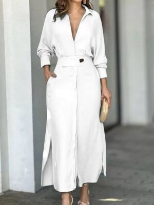 Fashion Loose Colour Block Shirt Collar Long Sleeve Maxi Dress - Image 4