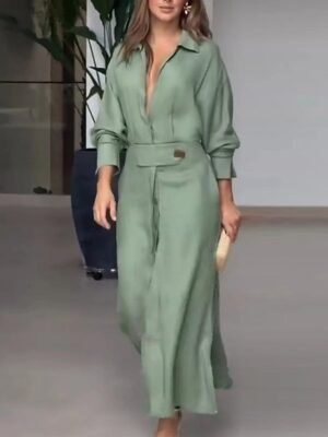 Fashion Loose Colour Block Shirt Collar Long Sleeve Maxi Dress - Image 5