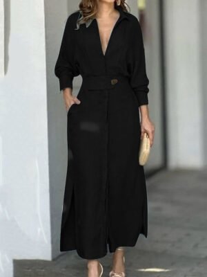 Fashion Loose Colour Block Shirt Collar Long Sleeve Maxi Dress - Image 6