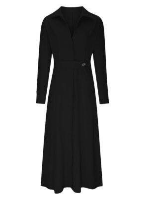 Fashion Loose Colour Block Shirt Collar Long Sleeve Maxi Dress - Image 7