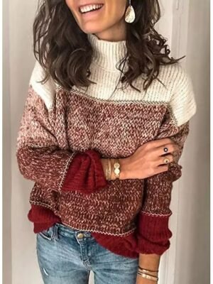 Fashion Loose Colour Block Turtleneck Long Sleeve Sweater - Image 1