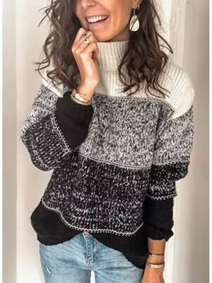 Fashion Loose Colour Block Turtleneck Long Sleeve Sweater - Image 2
