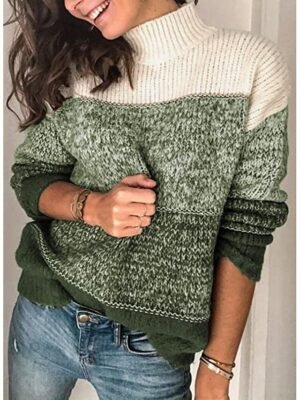 Fashion Loose Colour Block Turtleneck Long Sleeve Sweater - Image 3