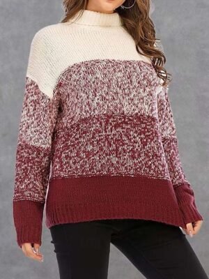 Fashion Loose Colour Block Turtleneck Long Sleeve Sweater - Image 4