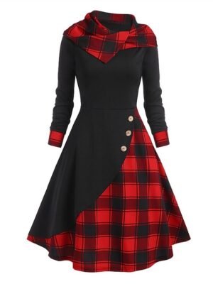 Fashion Loose Fit Plaid Hooded Long Sleeve Midi Dress - Image 1