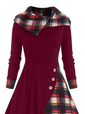 Fashion Loose Fit Plaid Hooded Long Sleeve Midi Dress - Image 10