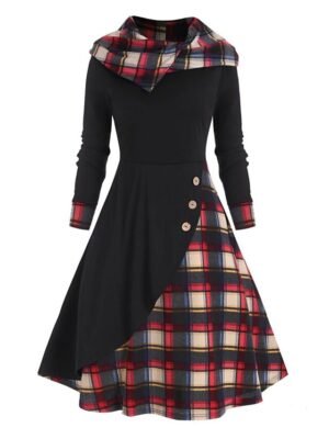Fashion Loose Fit Plaid Hooded Long Sleeve Midi Dress - Image 11