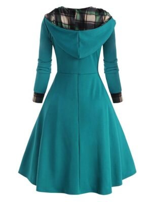 Fashion Loose Fit Plaid Hooded Long Sleeve Midi Dress - Image 13