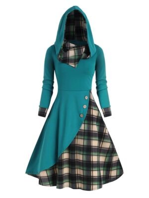 Fashion Loose Fit Plaid Hooded Long Sleeve Midi Dress - Image 14