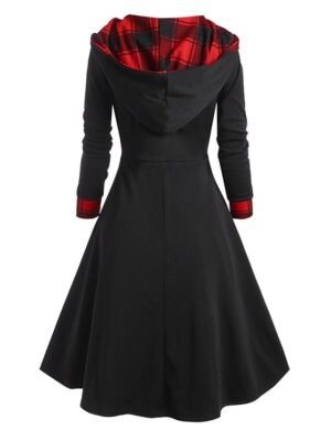 Fashion Loose Fit Plaid Hooded Long Sleeve Midi Dress - Image 2