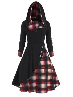 Fashion Loose Fit Plaid Hooded Long Sleeve Midi Dress - Image 3