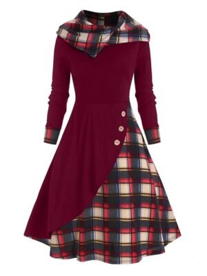 Fashion Loose Fit Plaid Hooded Long Sleeve Midi Dress - Image 4