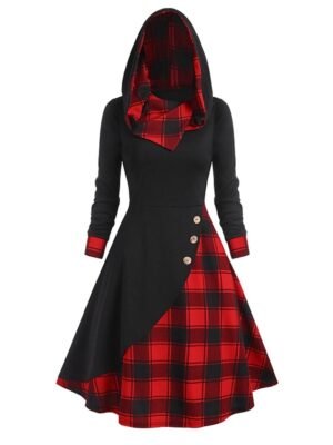 Fashion Loose Fit Plaid Hooded Long Sleeve Midi Dress - Image 5