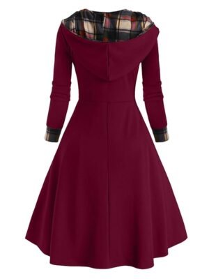Fashion Loose Fit Plaid Hooded Long Sleeve Midi Dress - Image 6