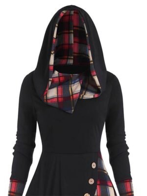 Fashion Loose Fit Plaid Hooded Long Sleeve Midi Dress - Image 8