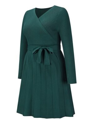 Fashion Loose Fit Plain Surplice Neck Long Sleeve Mini Sweater Dress - Image 12
