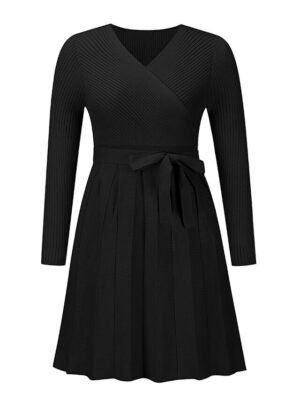 Fashion Loose Fit Plain Surplice Neck Long Sleeve Mini Sweater Dress - Image 17