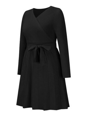 Fashion Loose Fit Plain Surplice Neck Long Sleeve Mini Sweater Dress - Image 18