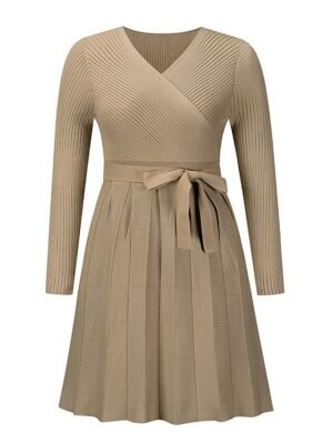 Fashion Loose Fit Plain Surplice Neck Long Sleeve Mini Sweater Dress - Image 22