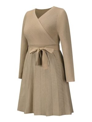 Fashion Loose Fit Plain Surplice Neck Long Sleeve Mini Sweater Dress - Image 23