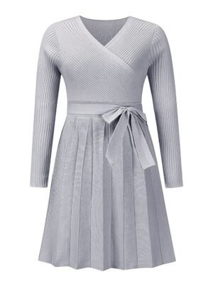 Fashion Loose Fit Plain Surplice Neck Long Sleeve Mini Sweater Dress - Image 5