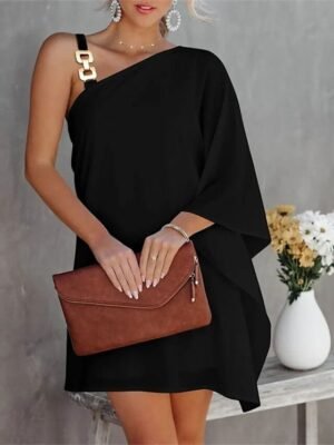 Fashion Loose Fit Pure Colour Cold Shoulder One Shoulder Long Sleeve Mini Dress - Image 1