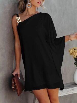 Fashion Loose Fit Pure Colour Cold Shoulder One Shoulder Long Sleeve Mini Dress - Image 2