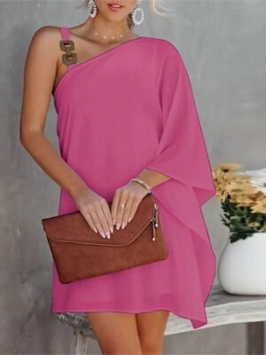 Fashion Loose Fit Pure Colour Cold Shoulder One Shoulder Long Sleeve Mini Dress - Image 3