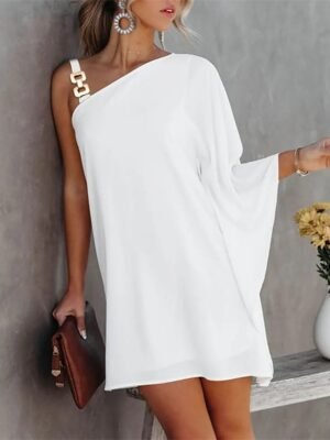 Fashion Loose Fit Pure Colour Cold Shoulder One Shoulder Long Sleeve Mini Dress - Image 6