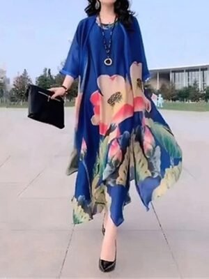 Fashion Loose Floral Crew Neck Half Sleeve Midi Dress - Image 2