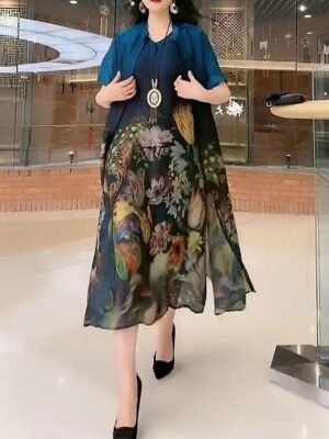 Fashion Loose Floral Crew Neck Half Sleeve Midi Dress - Image 3