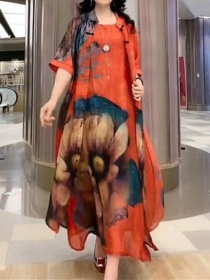 Fashion Loose Floral Crew Neck Half Sleeve Midi Dress - Image 4