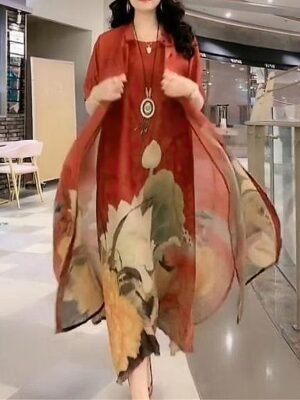 Fashion Loose Floral Crew Neck Half Sleeve Midi Dress - Image 6