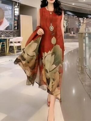 Fashion Loose Floral Crew Neck Half Sleeve Midi Dress - Image 7