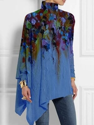 Fashion Loose Floral High Neck Long Sleeve Asymmetric Hem Top - Image 2