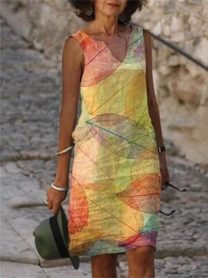 Fashion Loose Floral Leaf V Neck Short Sleeve Midi Dress - Image 1