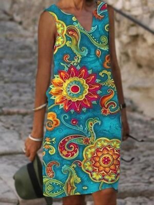 Fashion Loose Floral Leaf V Neck Short Sleeve Midi Dress - Image 2