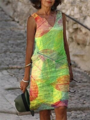 Fashion Loose Floral Leaf V Neck Short Sleeve Midi Dress - Image 4