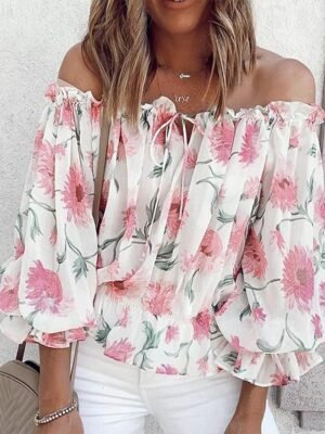 Fashion Loose Floral Off Shoulder Long Sleeve Blouse - Image 1