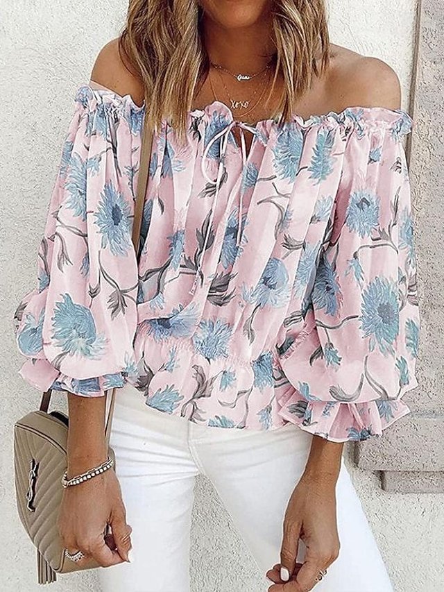 Fashion Loose Floral Off Shoulder Long Sleeve Blouse - Image 2