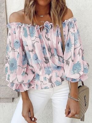 Fashion Loose Floral Off Shoulder Long Sleeve Blouse - Image 3