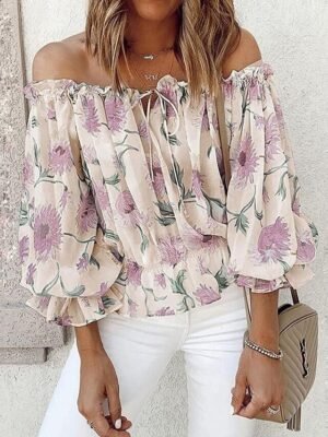 Fashion Loose Floral Off Shoulder Long Sleeve Blouse - Image 4