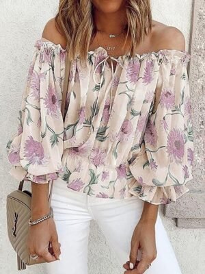 Fashion Loose Floral Off Shoulder Long Sleeve Blouse - Image 5
