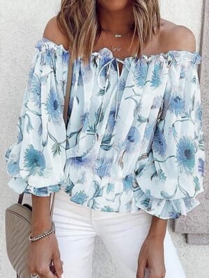 Fashion Loose Floral Off Shoulder Long Sleeve Blouse - Image 6