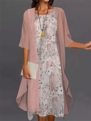 Fashion Loose Flower Crew Neck Half Sleeve Midi Dress Set - Image 1
