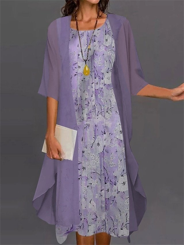 Fashion Loose Flower Crew Neck Half Sleeve Midi Dress Set - Image 2