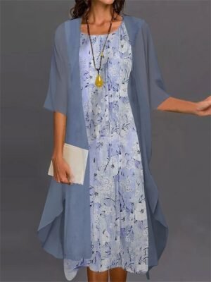 Fashion Loose Flower Crew Neck Half Sleeve Midi Dress Set - Image 3