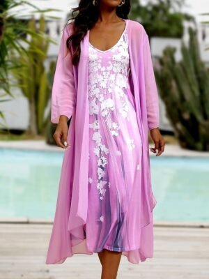 Fashion Loose Flower Print V Neck Half Sleeve Maxi Dress Set - Image 1